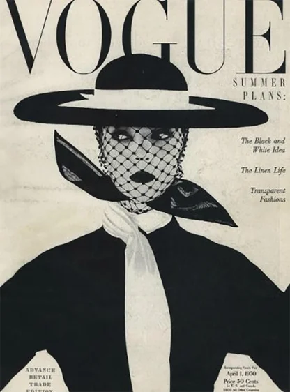 Vogue cover of 1 April 1950, "Summer Plans": a woman in a wide black-and-white hat and a veil, with a white scarf