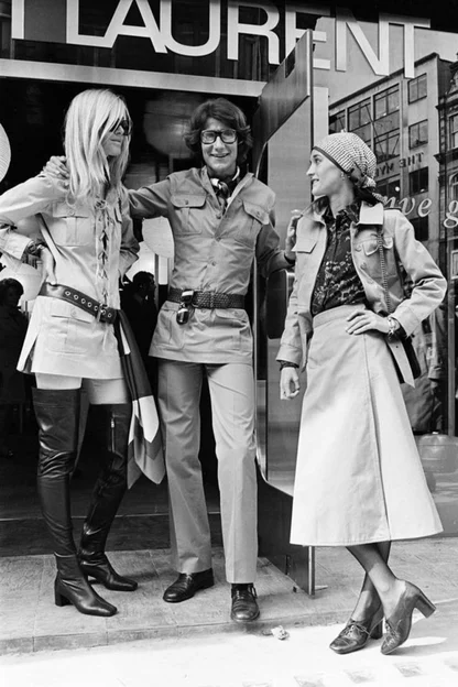 Black-and-white shot of three people in belted safari-style outfits outside a shop window lettered Laurent