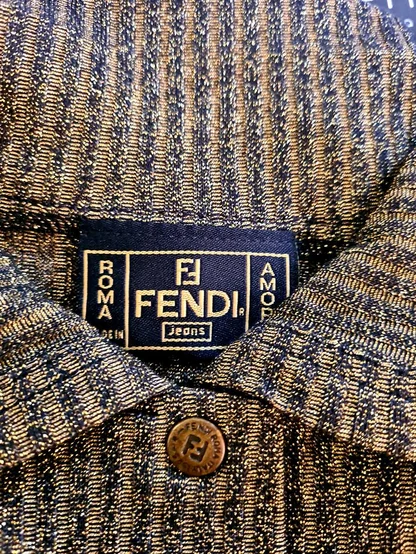 Woven Fendi Jeans, Roma label at the neckline of a vintage ribbed top shot through with gold thread