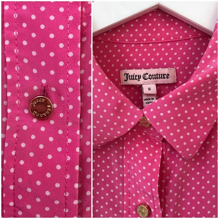 Pink Juicy Couture polka dot shirt: close-ups of a gold logo button and the collar label