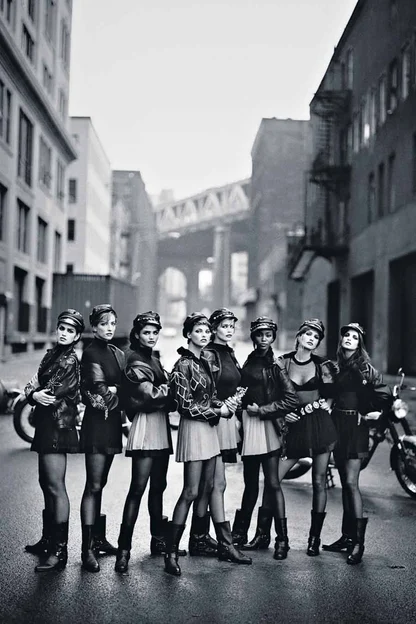 Black-and-white photograph of nine women in leather jackets, short skirts and boots, standing in an empty street