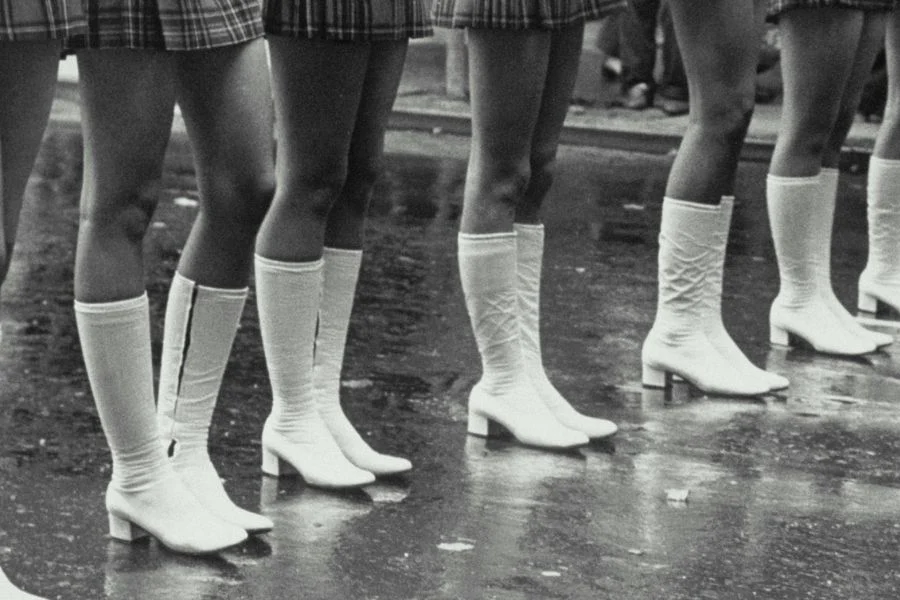 Black-and-white photograph of a row of women in pleated mini skirts and white go-go boots on wet pavement