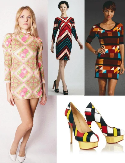 Collage of geometric and floral mini dresses with Mondrian-style colour-block platform court shoes