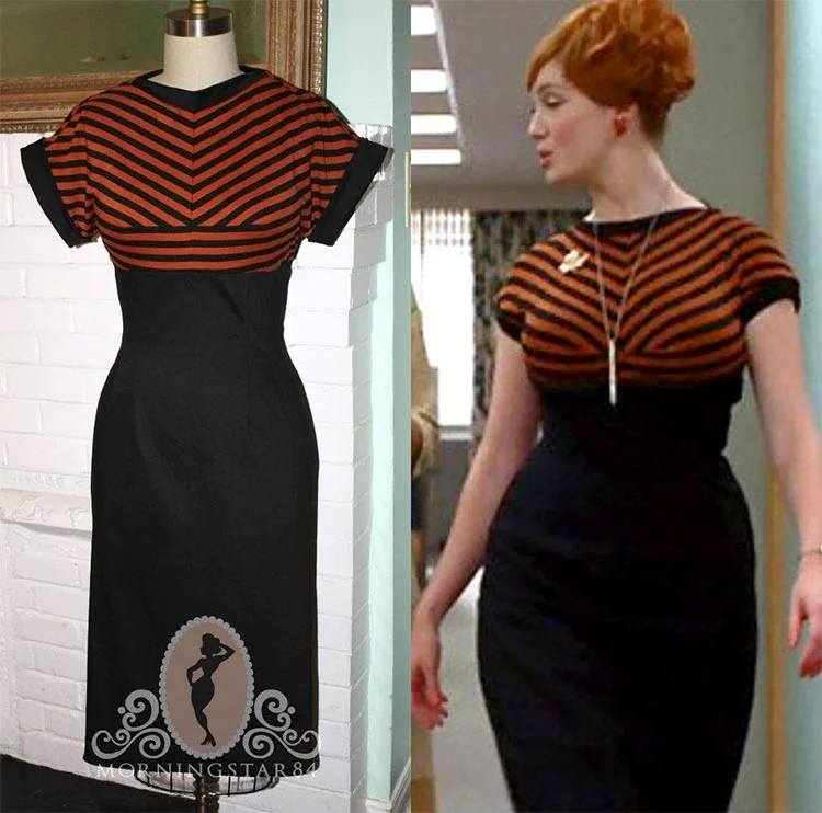 Black pencil dress with a rust and black chevron-striped bodice on a dress form, beside the same dress in Mad Men
