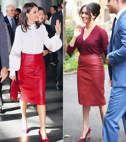 Queen Letizia and Meghan Markle side by side in red leather pencil skirts, one with a white blouse, one with a burgundy top