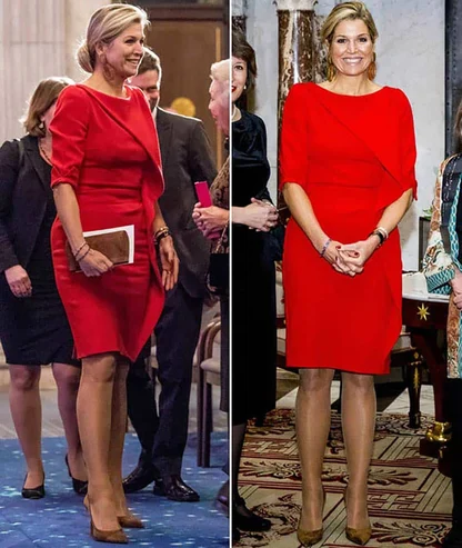 Queen Maxima in a fitted red dress with a draped neckline and tan court shoes, in two pictures