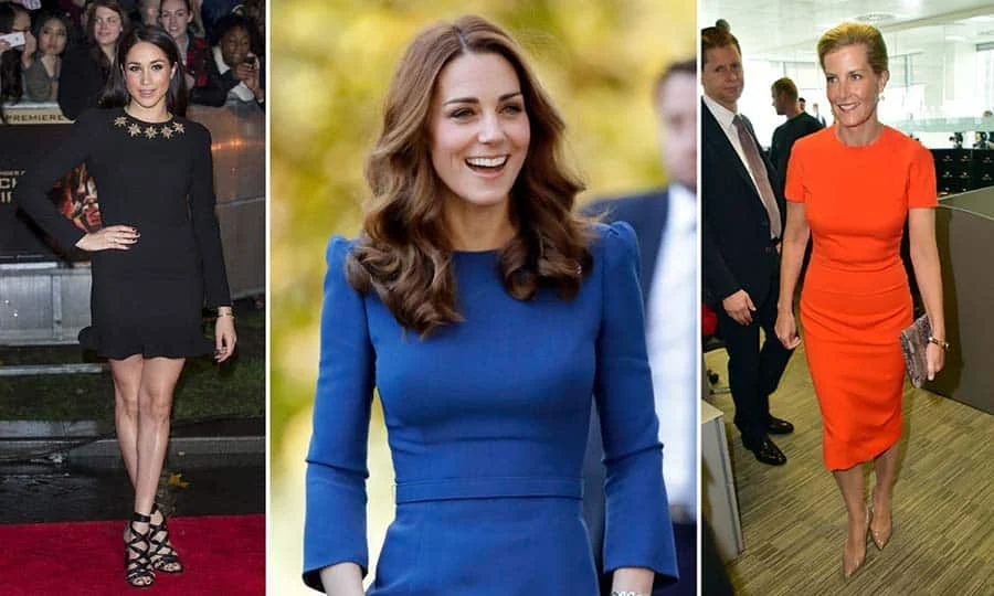 Three women in fitted dresses: black with a jewelled neckline, royal blue, and bright orange