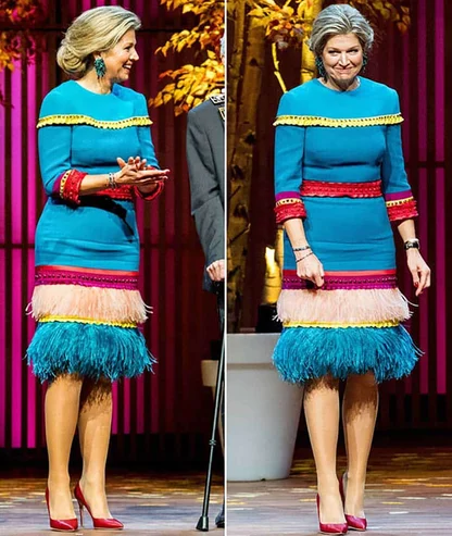 Queen Maxima in a turquoise dress with yellow braid, a pink and turquoise feather hem and red shoes, in two pictures