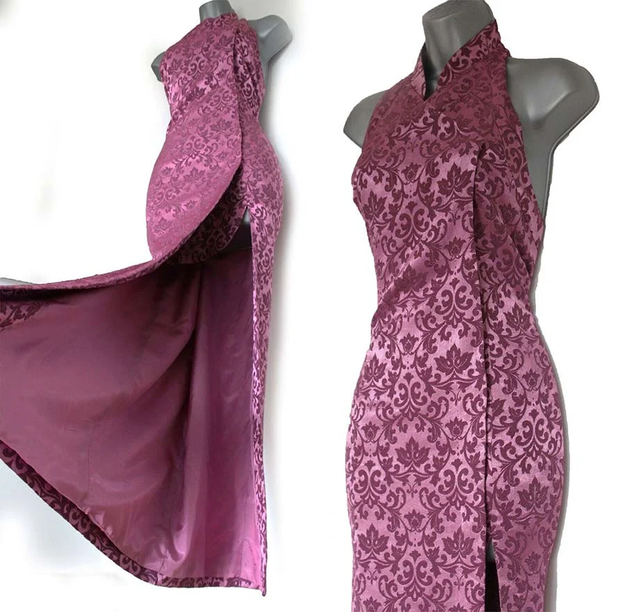 Karen Millen mauve damask halter dress with a long side slit, shown front on and with the slit open