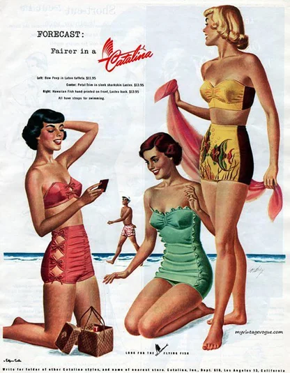 Catalina swimwear advert: three women in a red two-piece, a green ruched swimsuit and a yellow fish-print two-piece