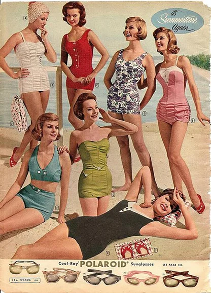 Retro catalogue page of women in white, red, floral, pink, green and blue swimsuits grouped on a sandy beach