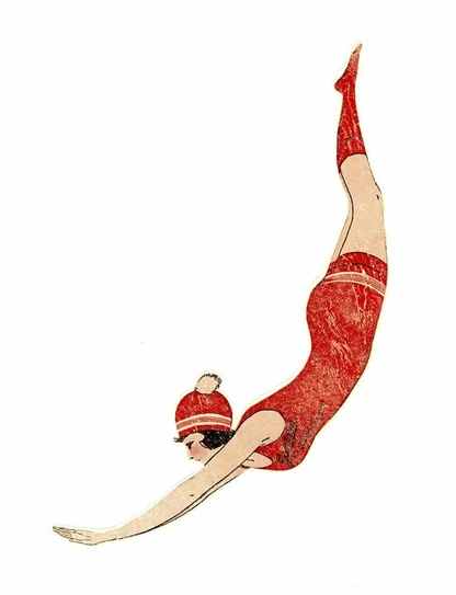 Vintage illustration of a diver in a red swimsuit and bobble cap, arms stretched out in front