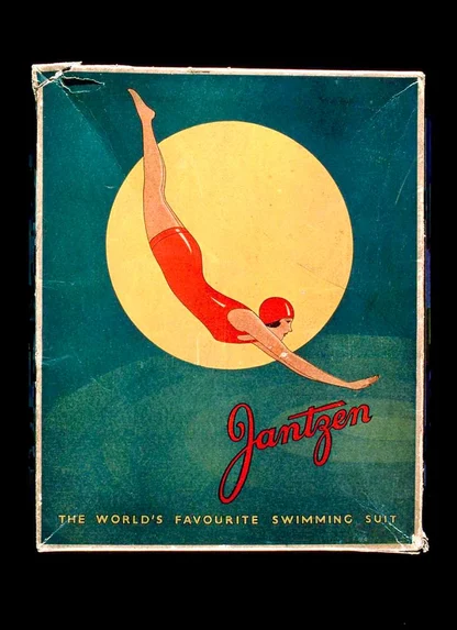Vintage Jantzen swimming suit box with an illustrated diver in a red suit and cap against a yellow moon