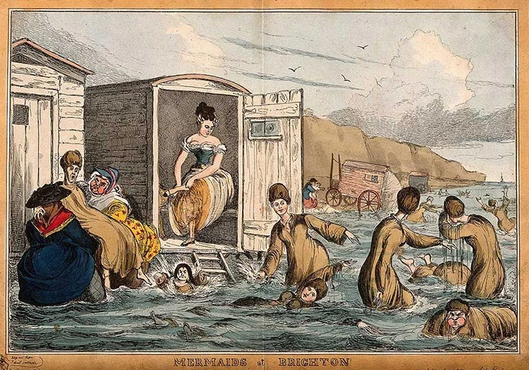 Hand-coloured print "Mermaids at Brighton" by William Walker: women leaving a bathing machine into the sea