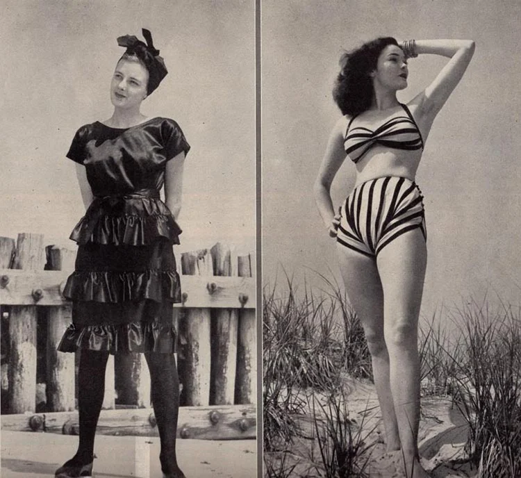 Two vintage photographs: a woman in a tiered satin bathing dress and bow headband, and a woman in a striped two-piece