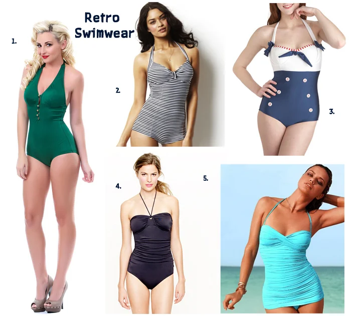 "Retro Swimwear" collage of five one-piece swimsuits: green halter, striped, navy and white sailor style, navy and turquoise