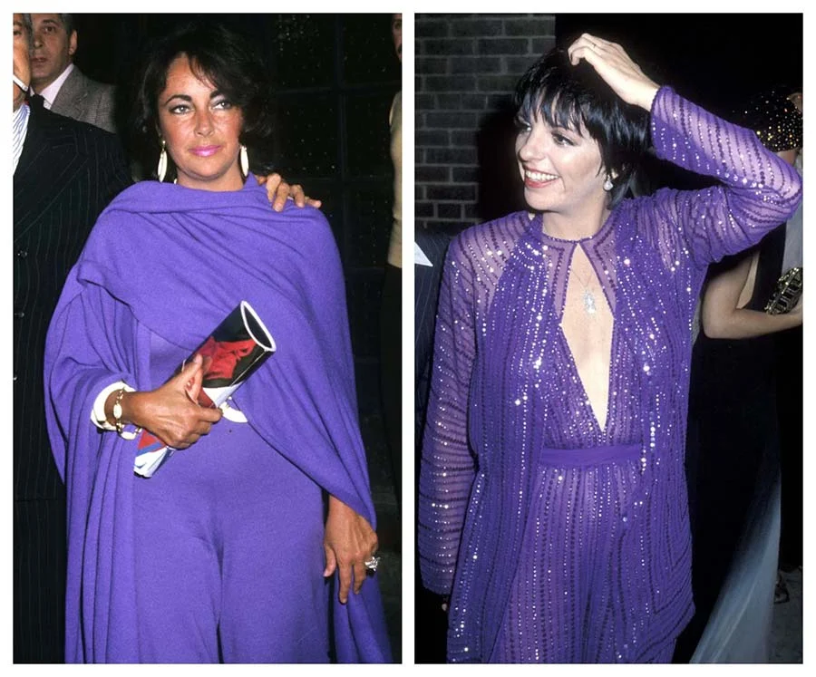 Elizabeth Taylor in a purple wrap and jumpsuit, and Liza Minnelli in a purple sequinned jumpsuit, side by side