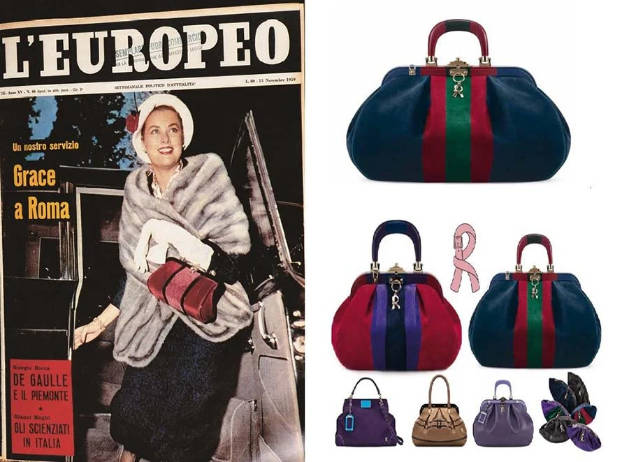 L'Europeo magazine cover "Grace a Roma" beside Bagonghi bags in blue, red and green with striped fronts