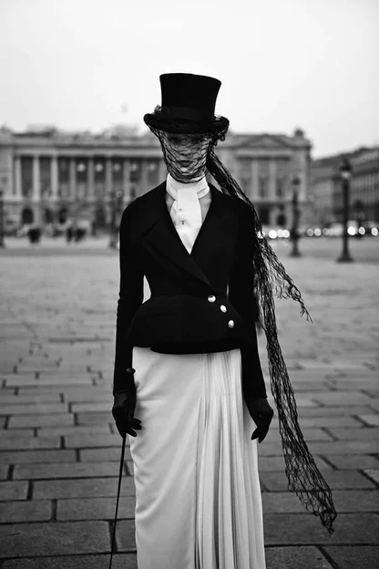 Black-and-white photograph of a model in a top hat with a black net veil, black peplum jacket and long white skirt