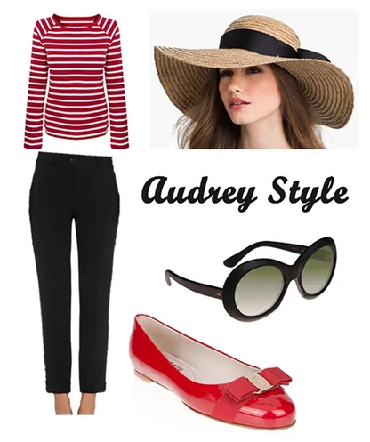 "Audrey Style" outfit board: striped top, black trousers, straw hat, round sunglasses and a red patent bow flat