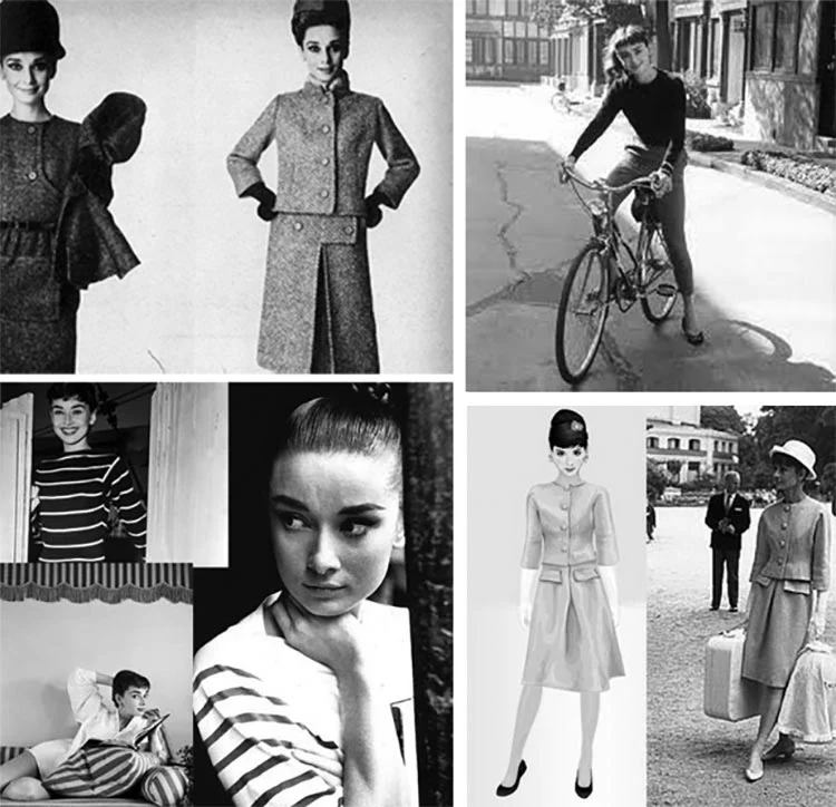 Black-and-white collage of Audrey Hepburn in a tweed suit, a striped top and on a bicycle, beside a sketch of a suit