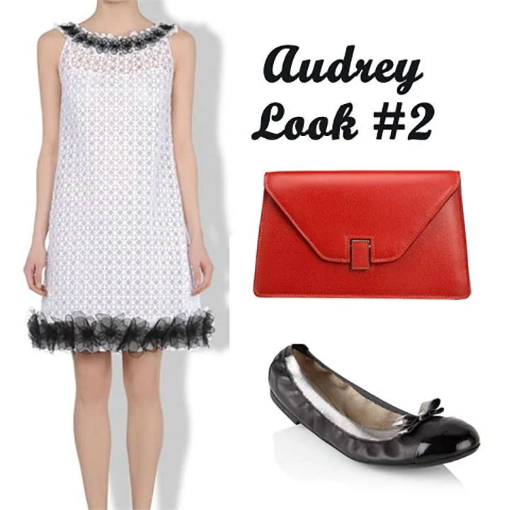 Style board "Audrey Look #2": white lace shift dress with a black ruffled hem, red clutch and black bow ballet flat
