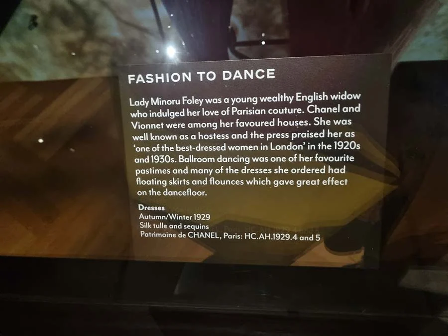 Museum label headed 'Fashion to Dance': Lady Minoru Foley's 1929 Chanel dresses in silk tulle and sequins