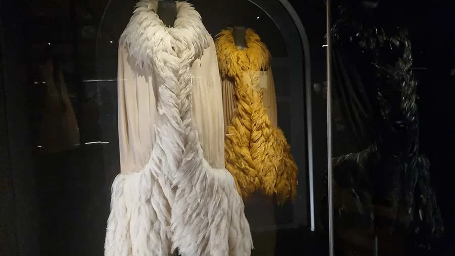 Two feathered dresses in a museum display case, one in white feathers and one in yellow