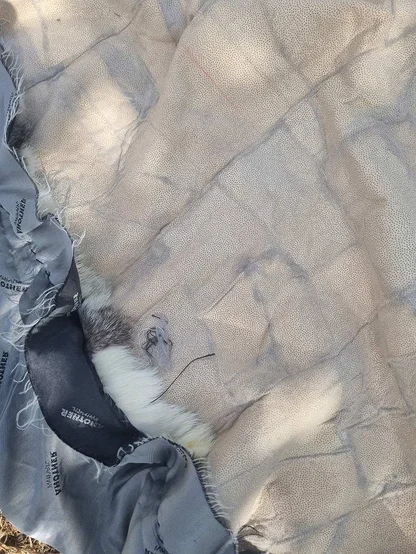 Ripped grey lining printed with repeated lettering beside speckled pelt backing and a tuft of white fur
