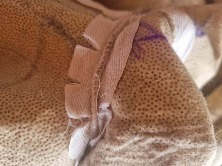 Folded edge of a pelt panel with white twill tape and purple marker lines on the freckled leather