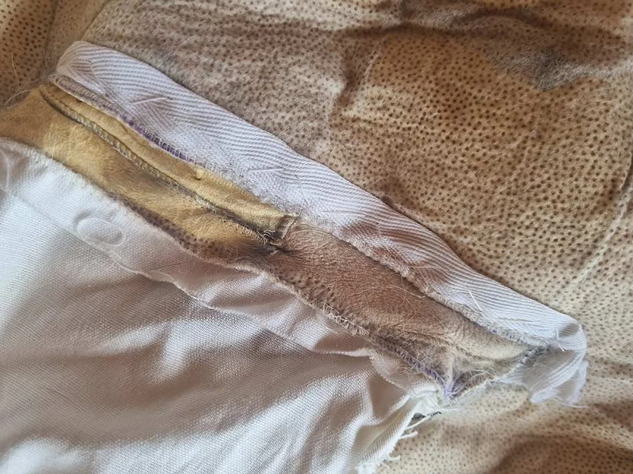 Coat seam opened to show white tape and cotton lining over the spotted pelt backing
