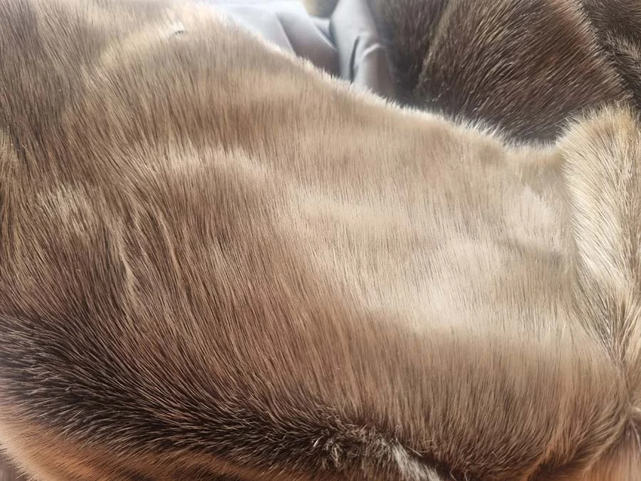 Sleek brown seal fur in close-up, showing the flat dense pile and a grey lining at the top