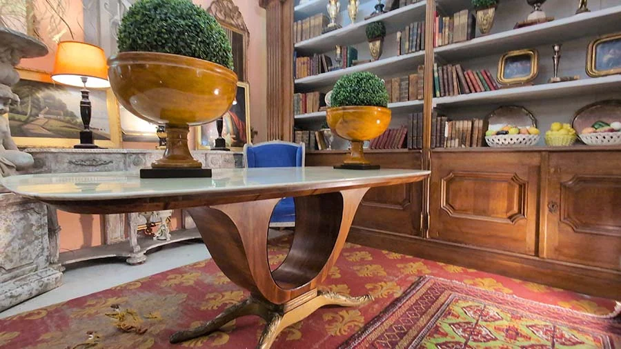 Marble-topped table on a curved walnut and brass base, with two gilded urns of clipped topiary, in a room of bookshelves