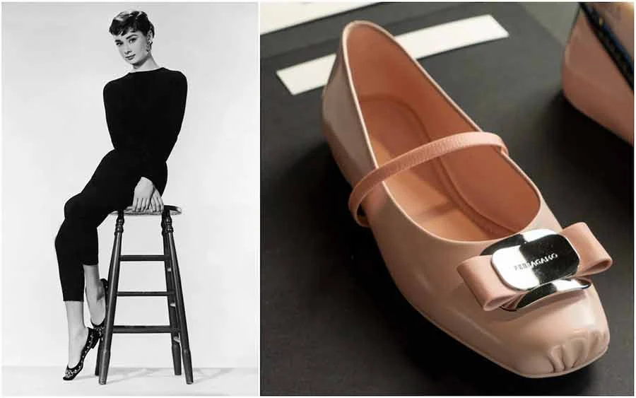 Black-and-white photograph of a woman in black top and trousers on a stool, beside a pink Ferragamo ballet flat
