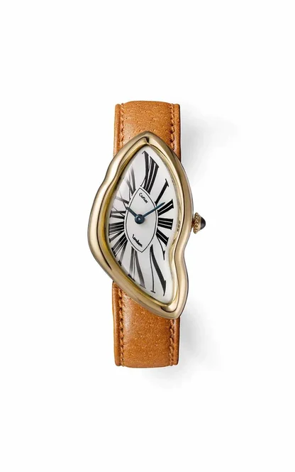 Cartier Crash wristwatch, London 1967: a melted-looking gold case, Roman numeral dial and tan leather strap