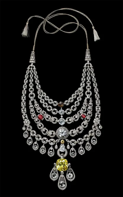 Patiala necklace, Cartier Paris, 1928: tiers of diamond chains with a large yellow diamond pendant and red stones
