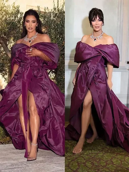 Kim Kardashian and Kris Jenner each in a plum taffeta off-the-shoulder gown, vintage Dolce & Gabbana, side by side