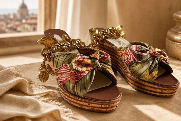 Ferragamo cork wedge sandals with knotted silk scarf-print bows and gold chain, set by a window with a domed skyline