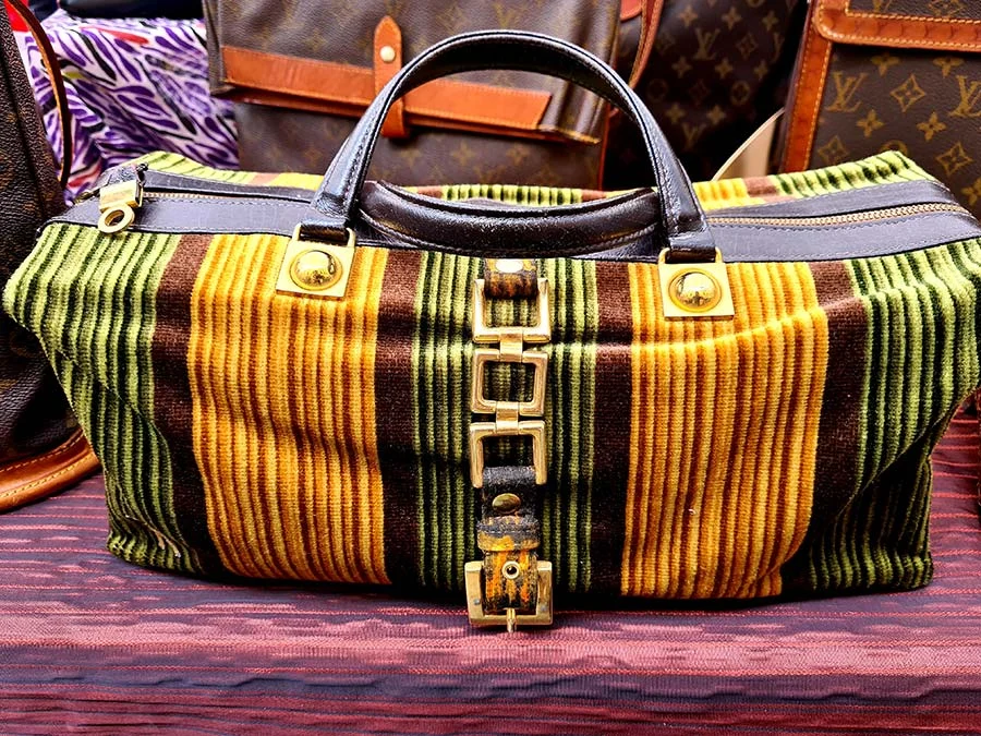 Roberta di Camerino velvet bag striped in olive green and ochre, with gold-tone buckles and black leather handles