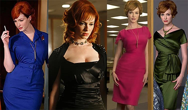 Four wiggle dresses from Mad Men: a blue shirtdress, a black satin dress, a fuchsia sheath and a green satin dress
